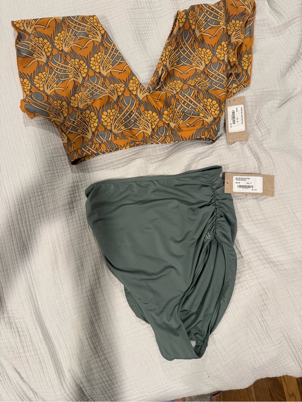 NWT Albion Fit Two-Piece Swim Set - Mustard Floral Top & sage High-Waist Bottom